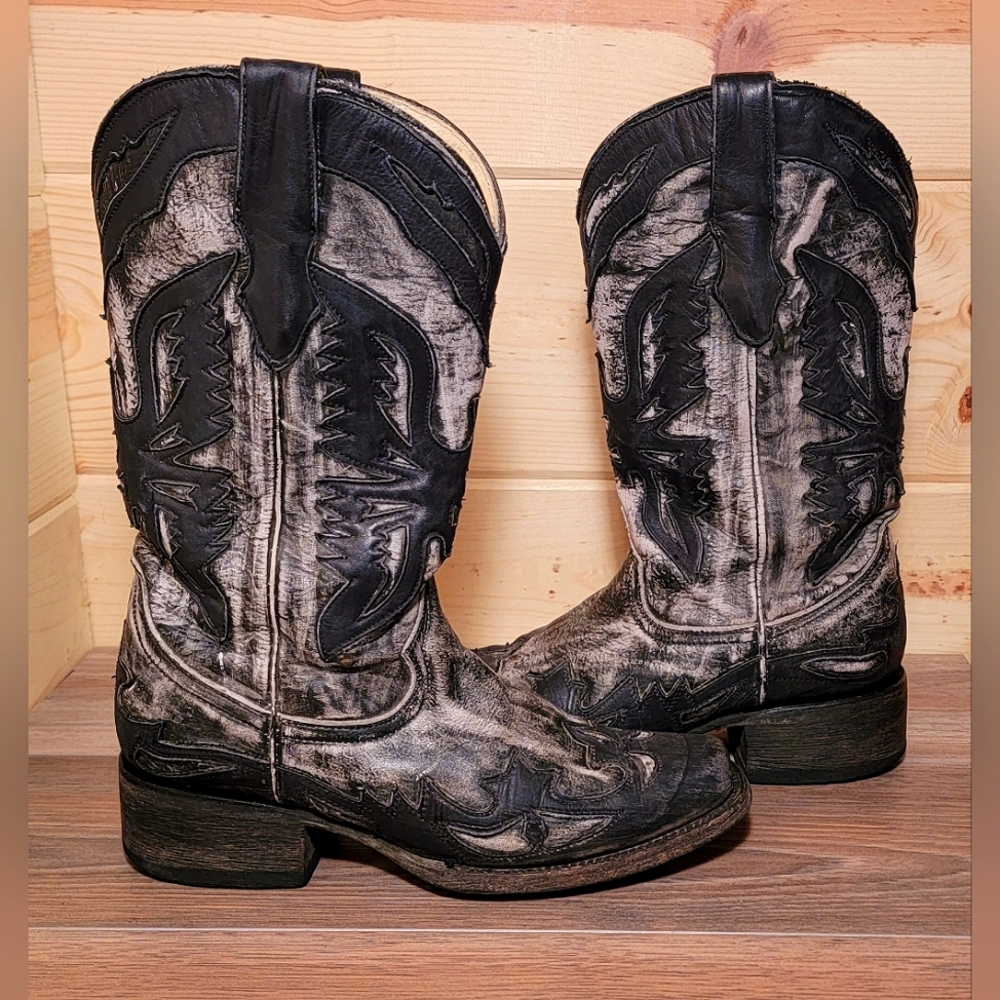 CORRAL WOMENS CHARCOAL BLACK LEATHER EAGLE OVERLAY SQUARE TOE BOOTS SZ 6.5